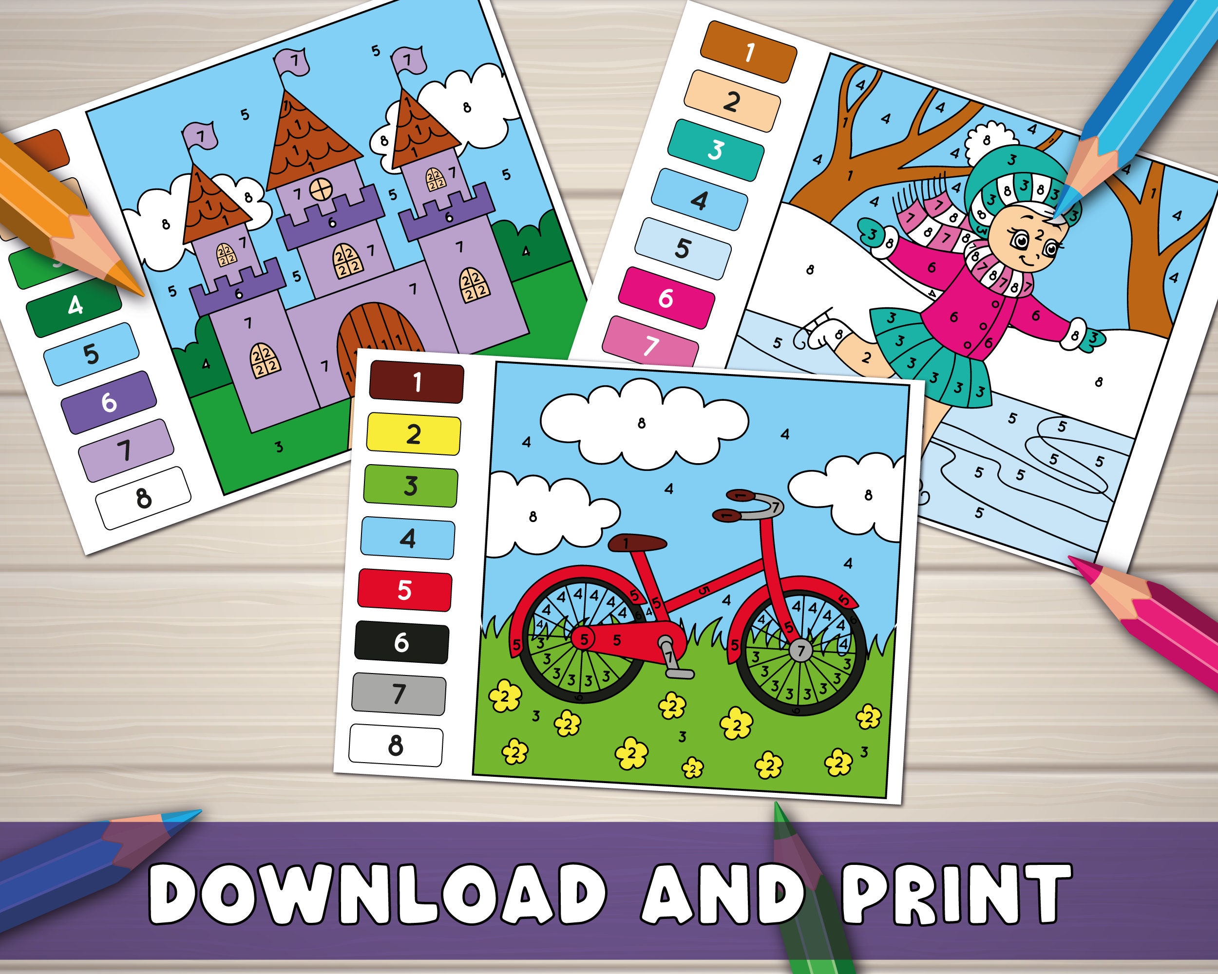 30 Color by Number Printable Coloring Pages, Kids Activity (digital ...