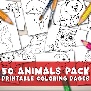 Páginas para colorear para niños, paquete de 50 páginas de animales para colorear en formato digital, páginas para colorear sencillas e imprimibles para niños en edad preescolar y jardín de infantes