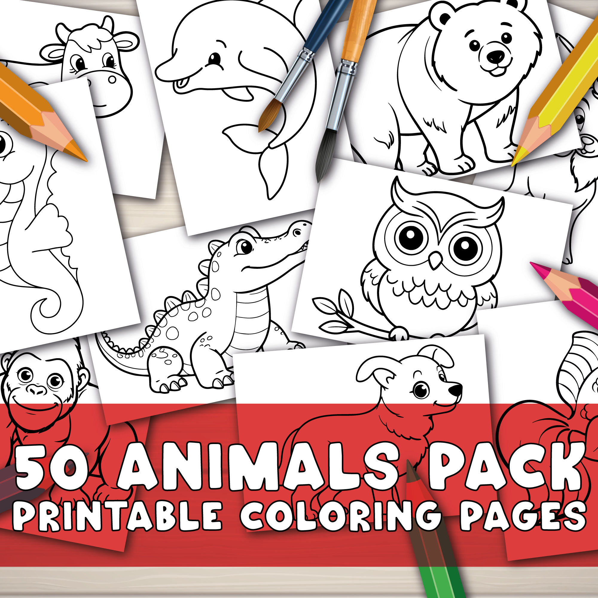 Coloring Pages for Kids, 50 Pages Animals Digital Coloring Book Pack ...