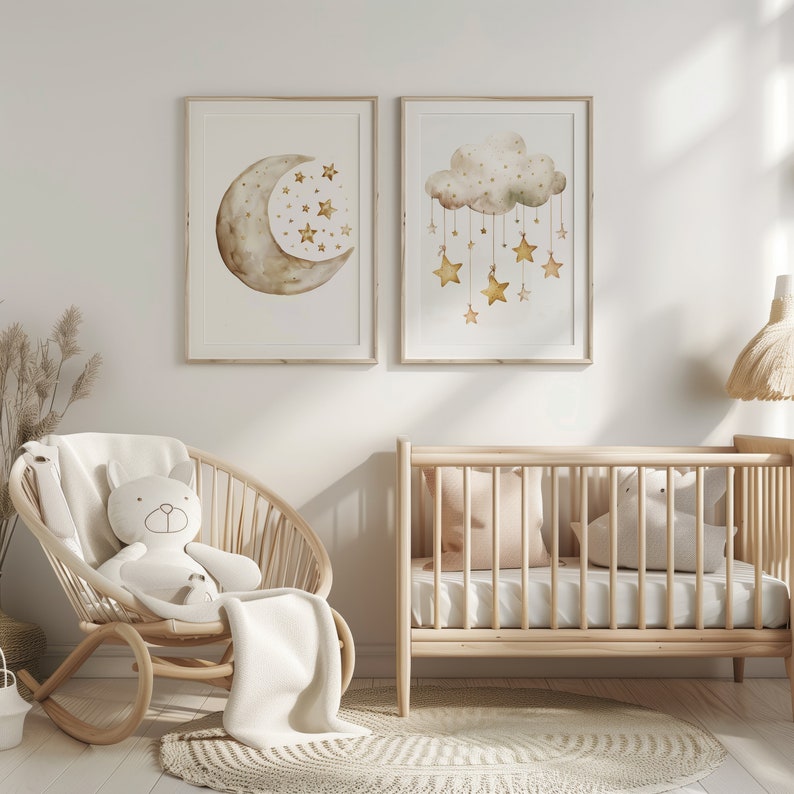 Nursery Wall Art, Moon and Cloud Set of 2, Watercolor Printable Artwork ...
