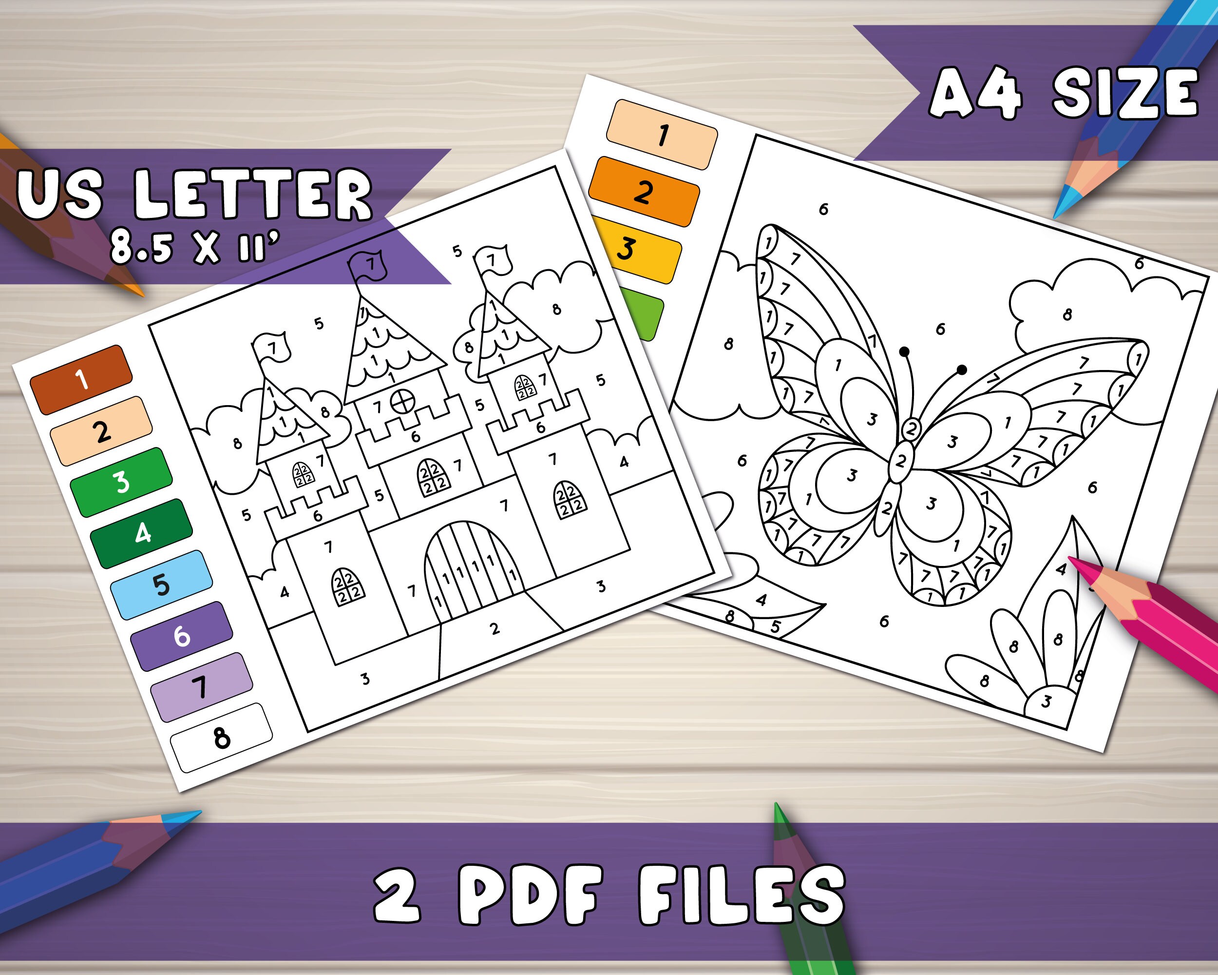 30 Color by Number Printable Coloring Pages, Kids Activity (digital ...