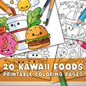 Páginas para colorear de alimentos kawaii para niños, 20 páginas, lindo libro para colorear digital, páginas para colorear simples e imprimibles para niños y adultos.