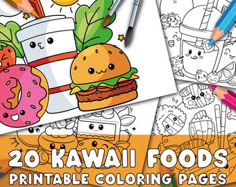 Kawaii Foods Coloring Pages For Kids, 20 Pages Cute Digital Coloring Book, Simple Printable Coloring Pages For Children And Adults.