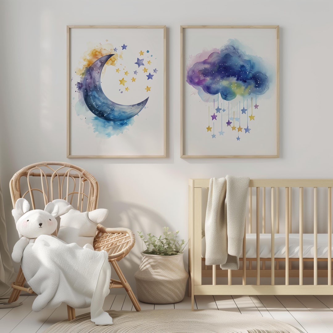 Moon and Cloud Nursery Art, Watercolor Printable Set (digital Download ...