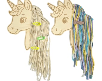 Porta mollette per capelli di unicorno o cavallo in legno – con o senza criniera in macramè – decorazione da parete per camerette | testa per intrecciare per esercitarsi e decorare