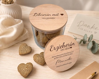 Barattolo regalo personalizzato con incisione – barattolo con coperchio in legno e decorazione a forma di cuore – regalo per insegnanti, educatori, asili nido, occasioni speciali.