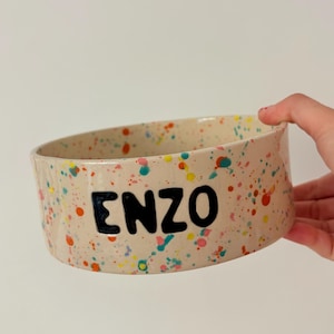 May include: A round ceramic bowl with a cream-colored base featuring a multi-colored paint splatter pattern in shades of blue, red, yellow, and orange. The name ENZO is written in bold, black, raised capital letters on the front of the bowl.