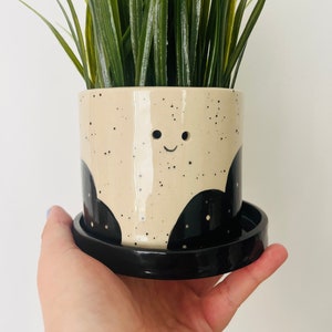 May include: A small beige ceramic planter with black speckled paint and a black rim. The planter has a black and white design of rounded shapes with black polka dots. The planter has a smiley face painted on the front. A green plant is growing in the planter.