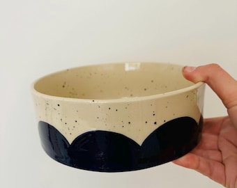 Handmade Ceramic Pet Bowl | Green or Navy Scallop Design