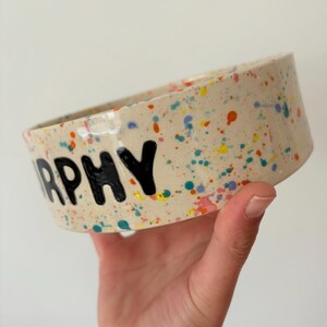 May include: A cylindrical ceramic bowl with a cream-colored base featuring a multi-colored paint splatter pattern in shades of blue, orange, pink, and yellow. The black text "RPHY" is clearly printed on the side of the bowl.