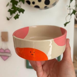 Handmade Ceramic Pet Bowl | Orange & Pink Happy Blob Design