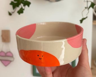Handmade Ceramic Pet Bowl | Orange & Pink Happy Blob Design
