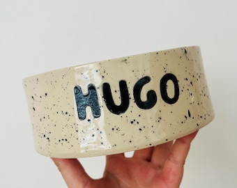 Personalised Speckled Stoneware Pet Bowl | Happy Face Dog Cat Bowl