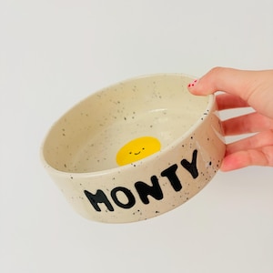 Personalised Speckled Stoneware Pet Bowl | Happy Face Dog Cat Bowl