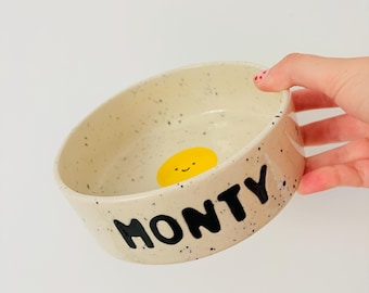 Personalised Speckled Stoneware Pet Bowl | Happy Face Dog Cat Bowl