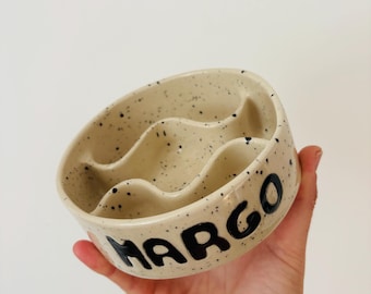 Personalised Speckle Stoneware Slow Feeder Pet Bowl | Handmade Ceramic Dog Cat Bowl