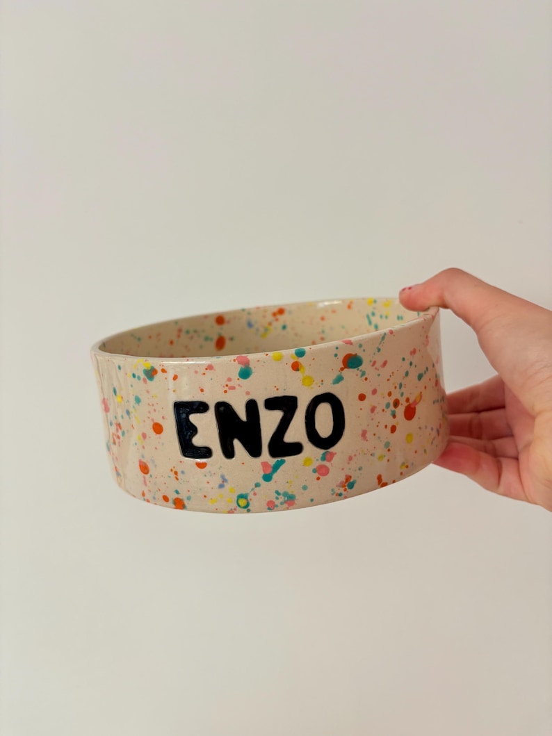 May include: A round ceramic bowl with a cream-colored base featuring a multi-colored paint splatter pattern in shades of blue, red, yellow, and orange. The name ENZO is written in bold, black, raised capital letters on the front of the bowl.