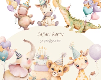 Watercolor Safari Animals Birthday Clipart: Pastel Balloons PNG (Digital Download)