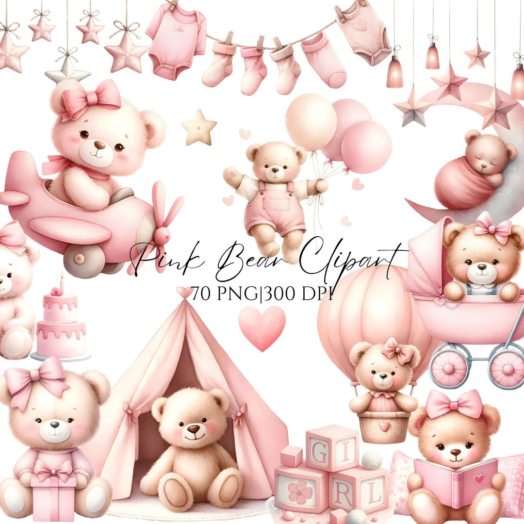 Watercolor Pink Teddy Bear Clipart: Baby Girl Shower - Etsy