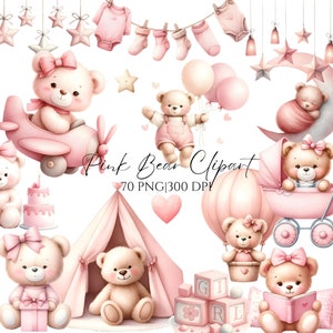 Clipart de oso de peluche rosa, oso con globos PNG, oso dormilón PNG, clipart de baby shower de niña, oso de peluche de guardería, clipart de oso lindo de acuarela