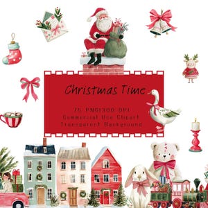 Può includere: Set di clipart natalizie ad acquerello con Babbo Natale, case, un'auto, un orsacchiotto e un coniglio. Include il testo "Christmas Time".