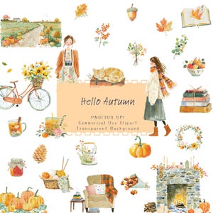 May include: Watercolor illustration with autumn theme. Includes pumpkins, a bicycle with sunflowers, a cat, a woman, a fireplace, and the text "Hello Autumn". The image has a transparent background and is labeled as commercial use clipart.