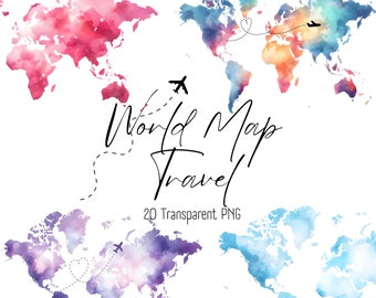 Watercolor World Map Clipart: Airplane Route PNG (Digital Download)
