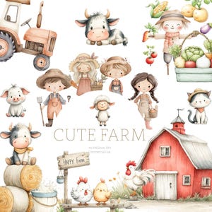 Puede incluir: Ilustración en acuarela con temática de granja. Incluye un granero rojo, un tractor, animales de granja y niños. Se muestra el texto "CUTE FARM". La imagen tiene un estilo de acuarela con colores suaves.