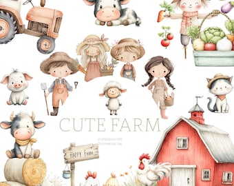 Aquarell Farm Clipart, niedliche Tiere PNG (digitaler Download)