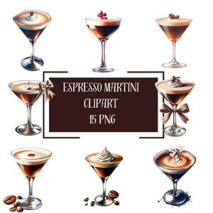 Espresso Martini Watercolor Clipart: Coffee Cocktail PNG (350 DPI)