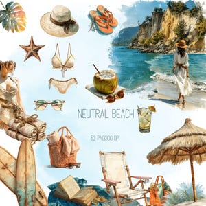 Watercolor Beach Clipart: Neutral Ocean, Palm, Shells - 52 PNG Files