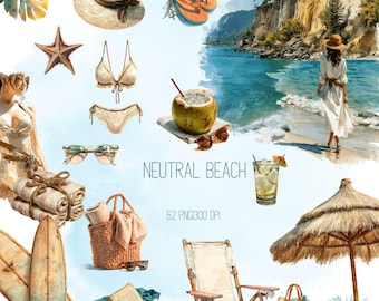 Clipart de playa en acuarela: Océano neutro, palmeras y conchas - 52 archivos PNG