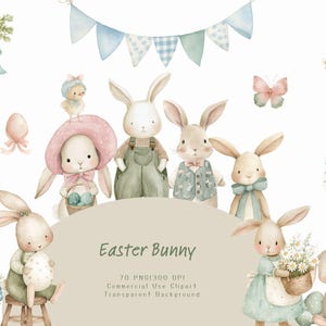 May include: Watercolor illustration featuring Easter bunnies, eggs, carrots, and a bluebird. The image includes a banner of blue and white pennants, a butterfly, and the text "Easter Bunny". The style is soft and whimsical, perfect for spring.