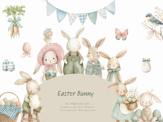 Watercolor Easter Bunny Clipart, Vintage Pastel Bunnies PNG, Spring Baby Shower Decor