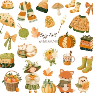Op de afbeelding: Een illustratie met herfstthema's, waaronder een pompoen, een trui, sokken en een vos. De afbeelding bevat ook een kat, een meisje met een pompoen en de tekst "Cozy Fall".