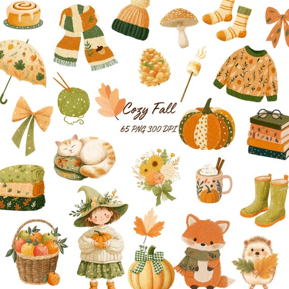 Cozy Fall Clipart: Pumpkins, Sweaters, Candles (PNG Files)