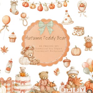 Watercolor Teddy Bear Pumpkin Clipart: Autumn Nursery Art
