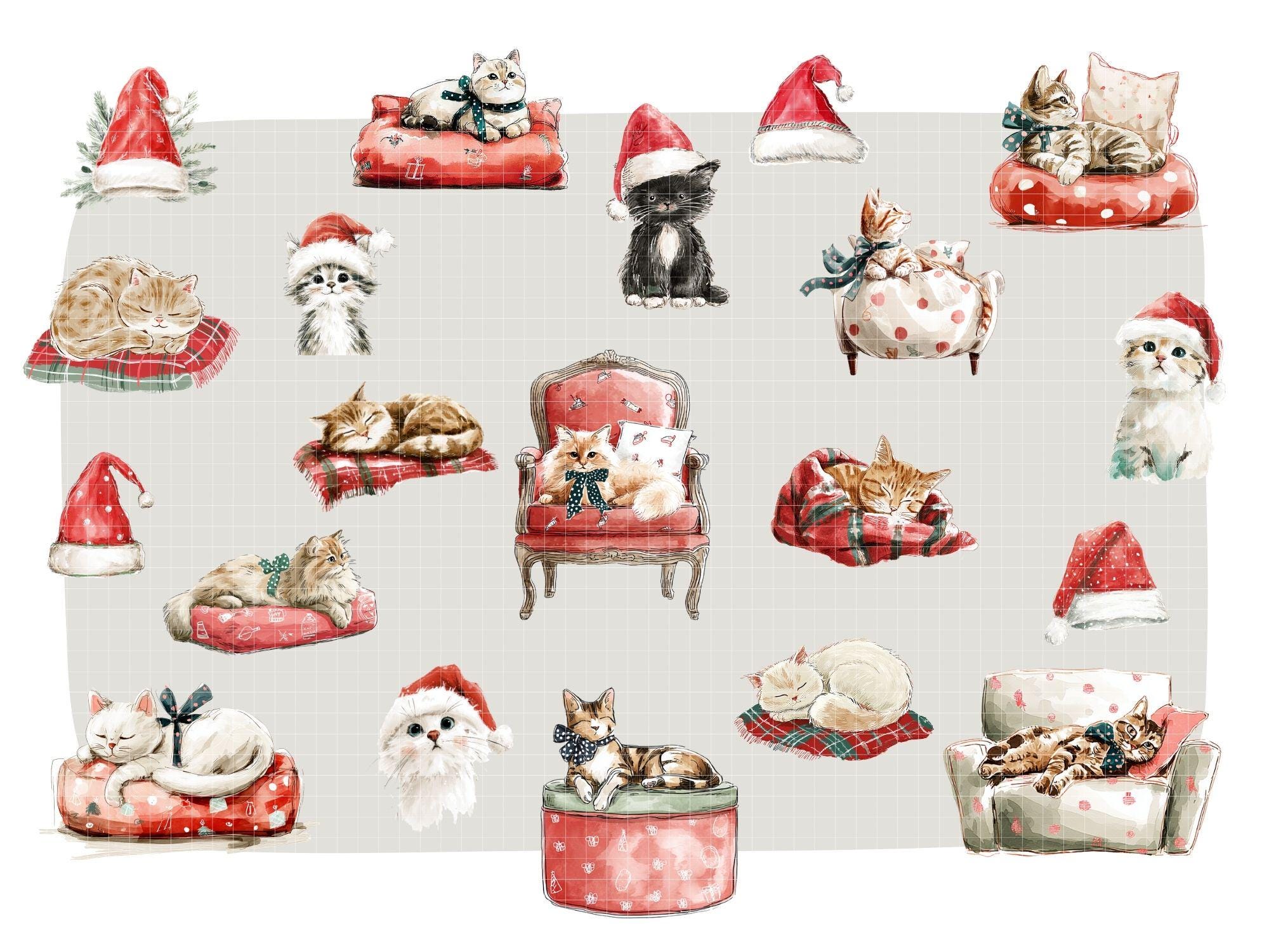 Watercolor Christmas Cat Clipart, Holiday Kitty PNG, Whimsical Festive ...