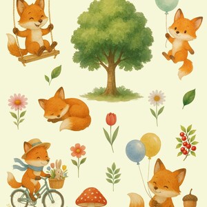 Pode incluir: Um conjunto de ilustra&ccedil;&otilde;es com raposas fofas em v&aacute;rias atividades. Uma raposa est&aacute; em um balan&ccedil;o, outra est&aacute; segurando bal&otilde;es, outra est&aacute; dormindo, outra est&aacute; andando de bicicleta e outra est&aacute; segurando um cogumelo. As ilustra&ccedil;&otilde;es s&atilde;o feitas em estilo aquarela e apresentam uma variedade de cores, incluindo laranja, marrom, verde, azul e vermelho.