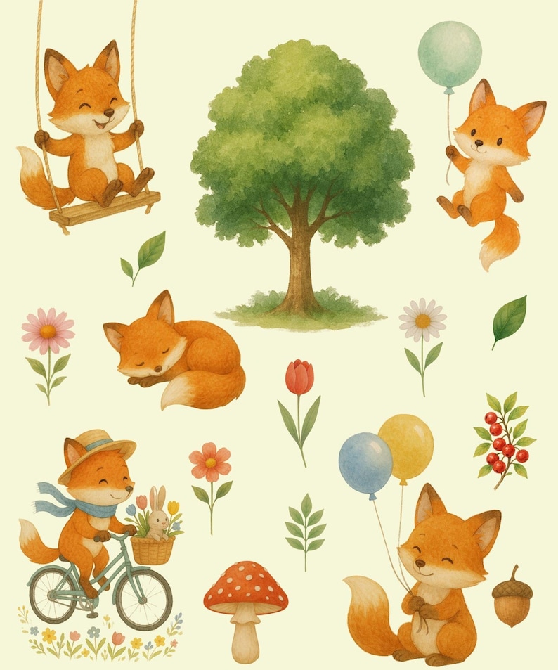 Pode incluir: Um conjunto de ilustra&ccedil;&otilde;es com raposas fofas em v&aacute;rias atividades. Uma raposa est&aacute; em um balan&ccedil;o, outra est&aacute; segurando bal&otilde;es, outra est&aacute; dormindo, outra est&aacute; andando de bicicleta e outra est&aacute; segurando um cogumelo. As ilustra&ccedil;&otilde;es s&atilde;o feitas em estilo aquarela e apresentam uma variedade de cores, incluindo laranja, marrom, verde, azul e vermelho.