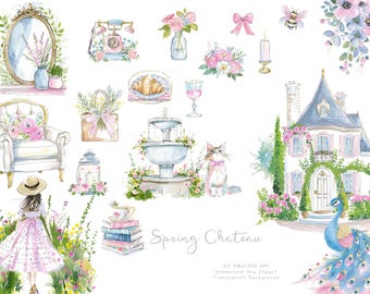 Watercolor Spring Chateau Clipart, French Country Graphics, Grandmillennial Coquette, Floral House Clipart