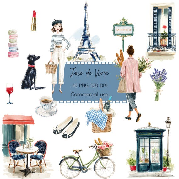 Watercolor Parisian Clipart, French Chic PNG, Scrapbooking, Chic Graphics