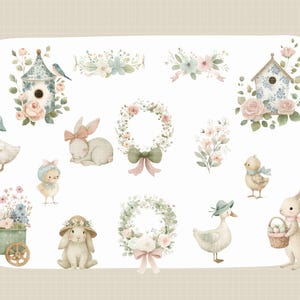 May include: Watercolor illustrations of Easter-themed elements. The image features a variety of designs, including bunnies, chicks, ducks, birdhouses, floral wreaths, and a cart filled with flowers. Soft pastel colors create a whimsical and festive atmosphere.