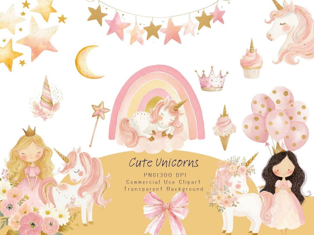 Watercolor Unicorn Clipart: Pink Gold Princess, Balloons - Etsy