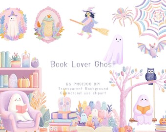 Clipart de Fantasma Pastel Lendo: Amante de Livros de Halloween PNG