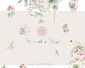Può includere: Illustrazione ad acquerello di rose romantiche nei toni del rosa, bianco e verde. L'immagine presenta singoli fiori di rosa e composizioni, con il testo "Romantic Rose" e "Watercolor Clipart".