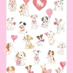 May include: A collection of watercolor illustrations featuring various dog breeds. Each dog is depicted with Valentine's Day themed elements, such as hearts, roses, balloons, and teddy bears. The color palette is soft, with pinks, whites, and browns.