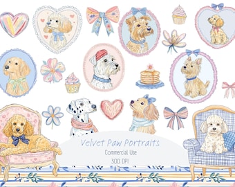 May include: Watercolor illustrations of various dog breeds, including a poodle, golden retriever, and dalmatian, adorned with bows and accessories. The image includes hearts, flowers, cupcakes, and bows, with the text "Velvet Paw Portraits".
