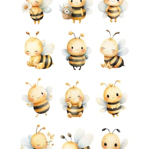 May include: A collection of twelve watercolor illustrations of adorable cartoon bees. Each bee has a yellow and black striped body, with delicate wings. Some bees hold flowers or wear floral crowns, while others are in various poses.