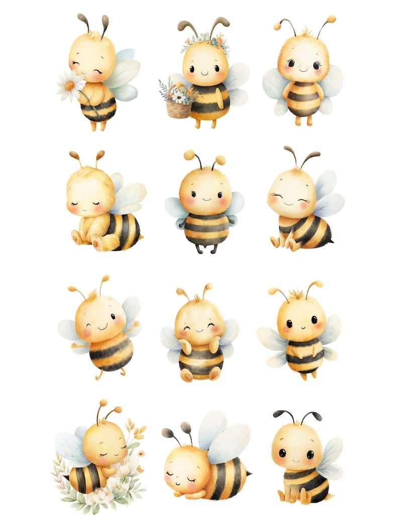 May include: A collection of twelve watercolor illustrations of adorable cartoon bees. Each bee has a yellow and black striped body, with delicate wings. Some bees hold flowers or wear floral crowns, while others are in various poses.